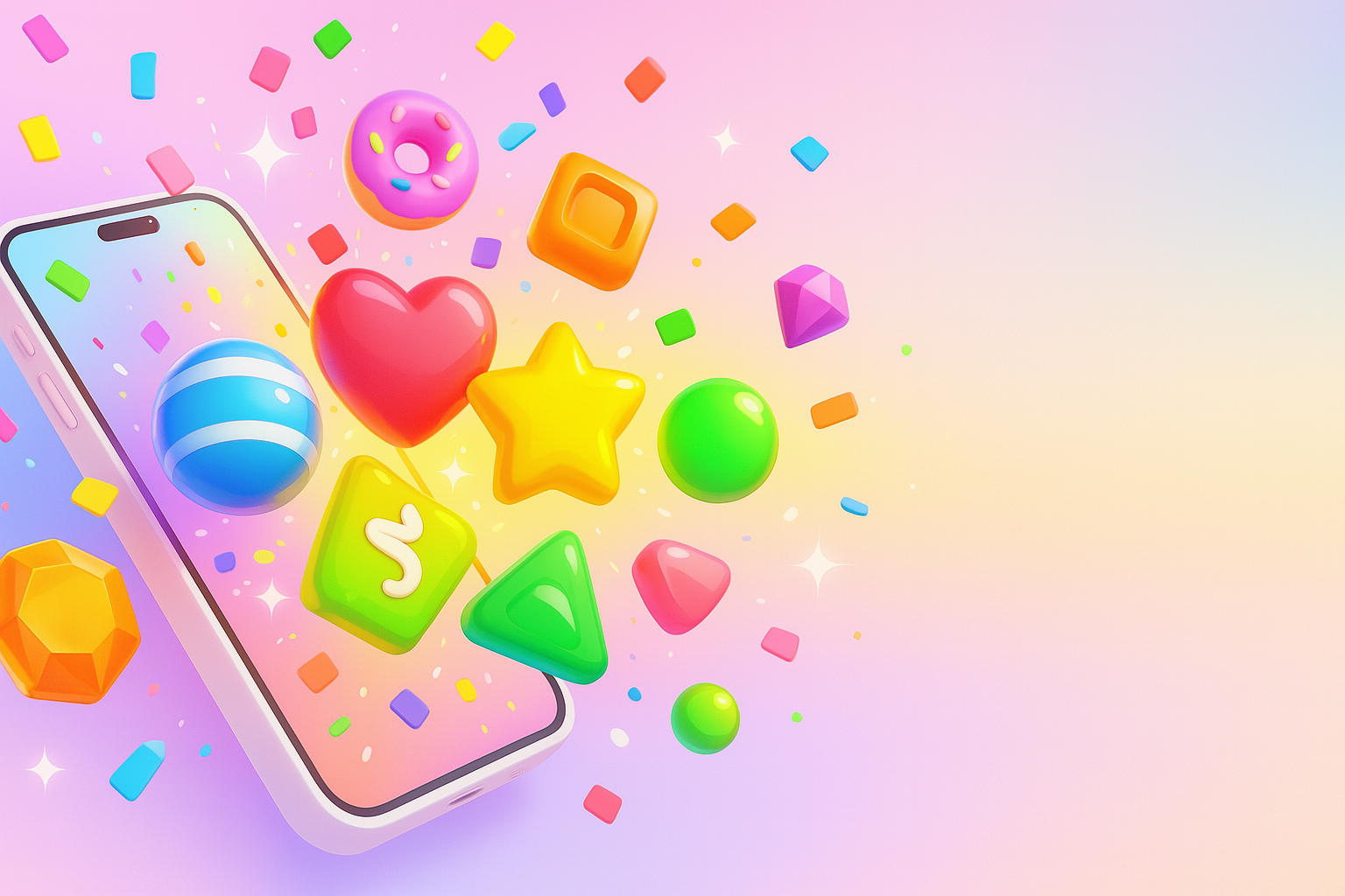 Vibrant 3D render of colorful candy gems exploding in a match‑3 cascade across a floating smartphone screen, confetti in background, bright and cheerful palette